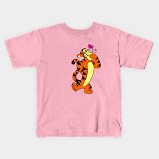 Tiger with Awareness Ribbon Butterfly (Pink) Kids T-Shirt